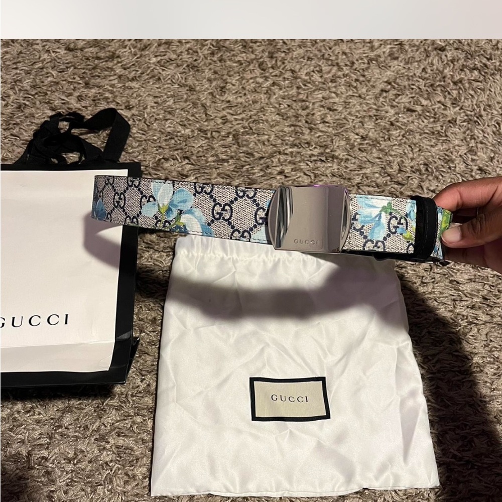 Gucci Black and Blue Belt with Silver Buckle
